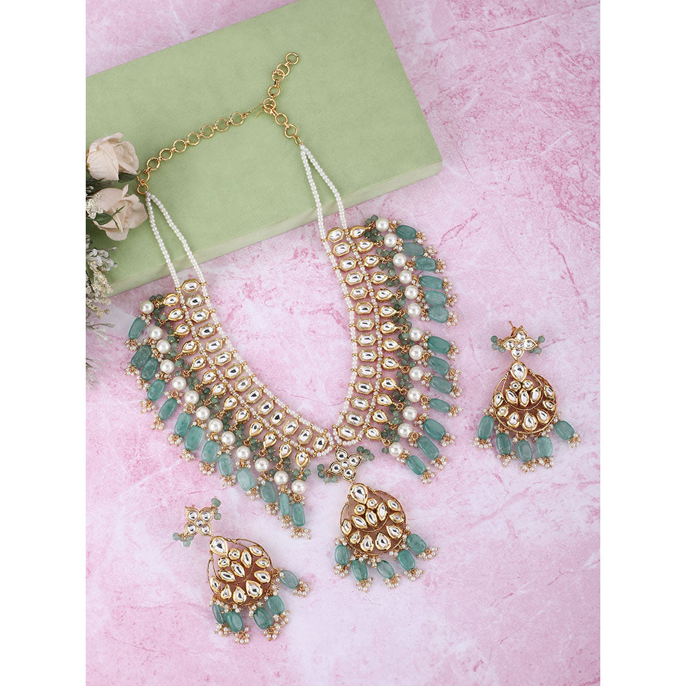 Auraa Trends 22KT Gold Plated Kundan Classic Blue Beads Necklace Set