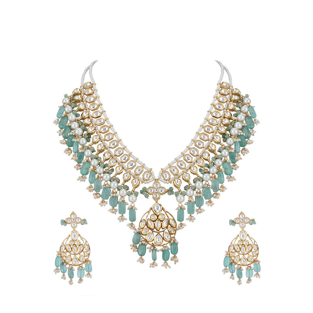 Auraa Trends 22KT Gold Plated Kundan Classic Blue Beads Necklace Set