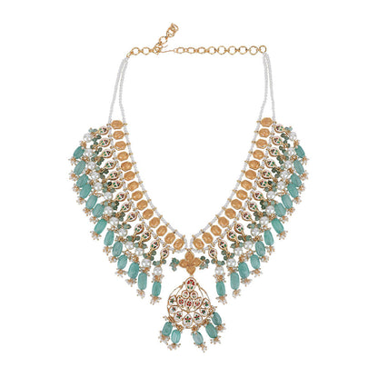Auraa Trends 22KT Gold Plated Kundan Classic Blue Beads Necklace Set