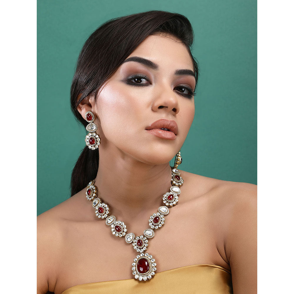 Auraa Trends 22KT Gold Plated Kundan Classic Red Necklace Set