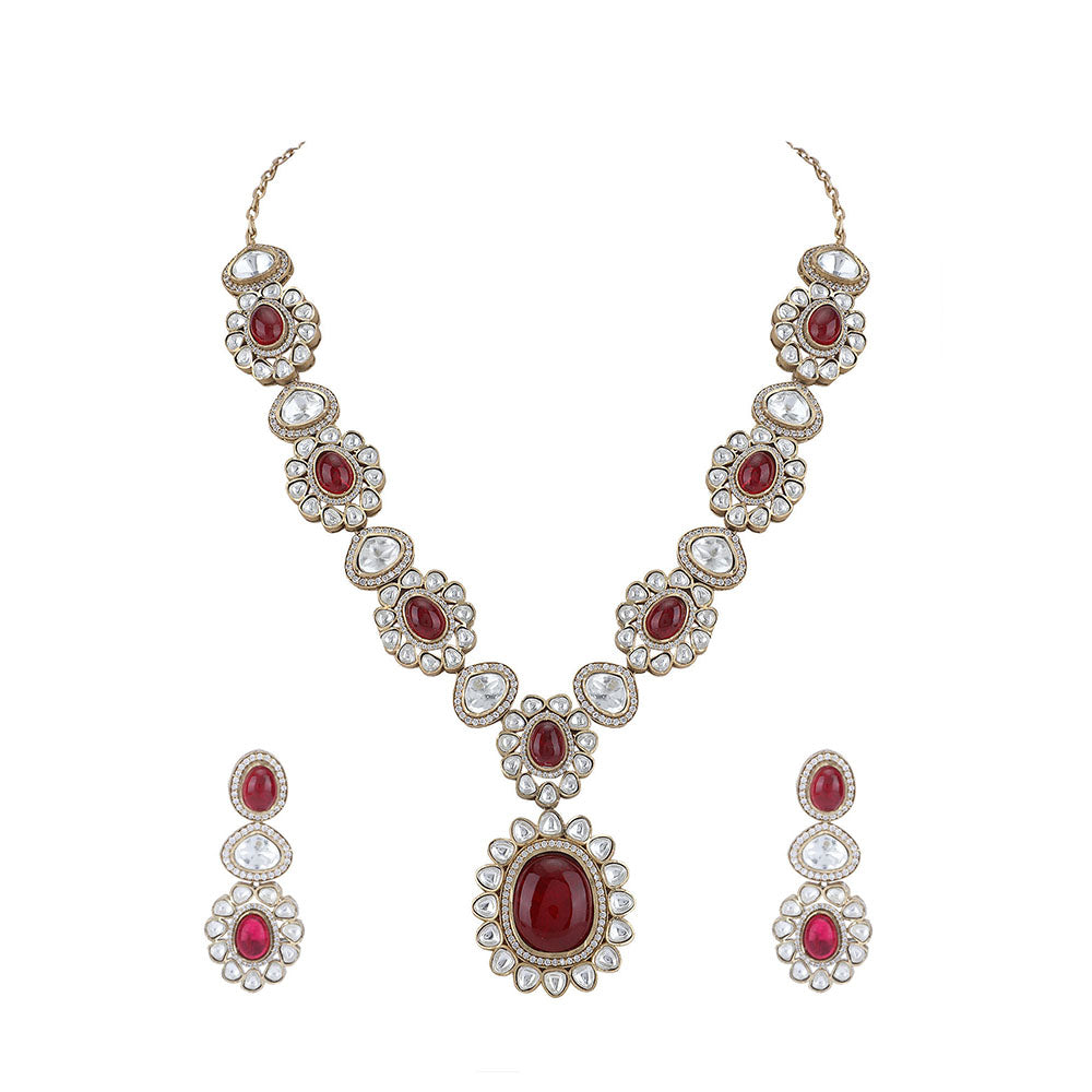 Auraa Trends 22KT Gold Plated Kundan Classic Red Necklace Set