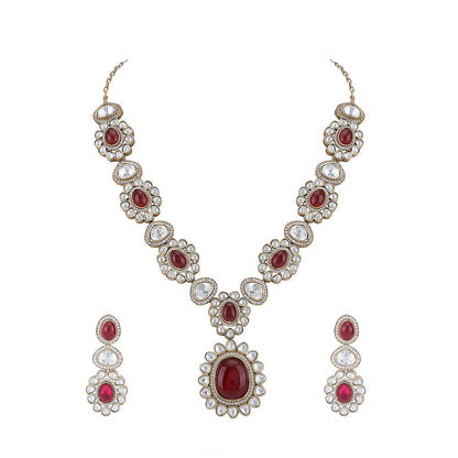 Auraa Trends 22KT Gold Plated Kundan Classic Red Necklace Set