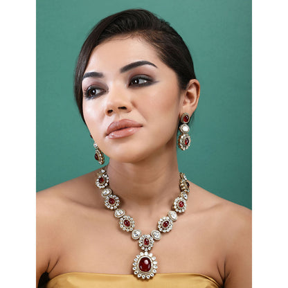 Auraa Trends 22KT Gold Plated Kundan Classic Red Necklace Set