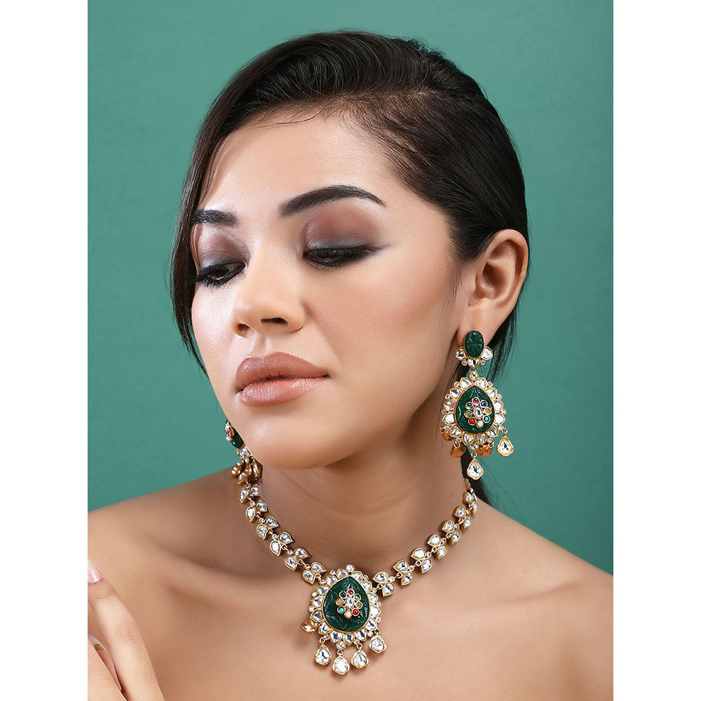 Auraa Trends 22KT Gold Plated Kundan Classic Red And Green Necklace Set