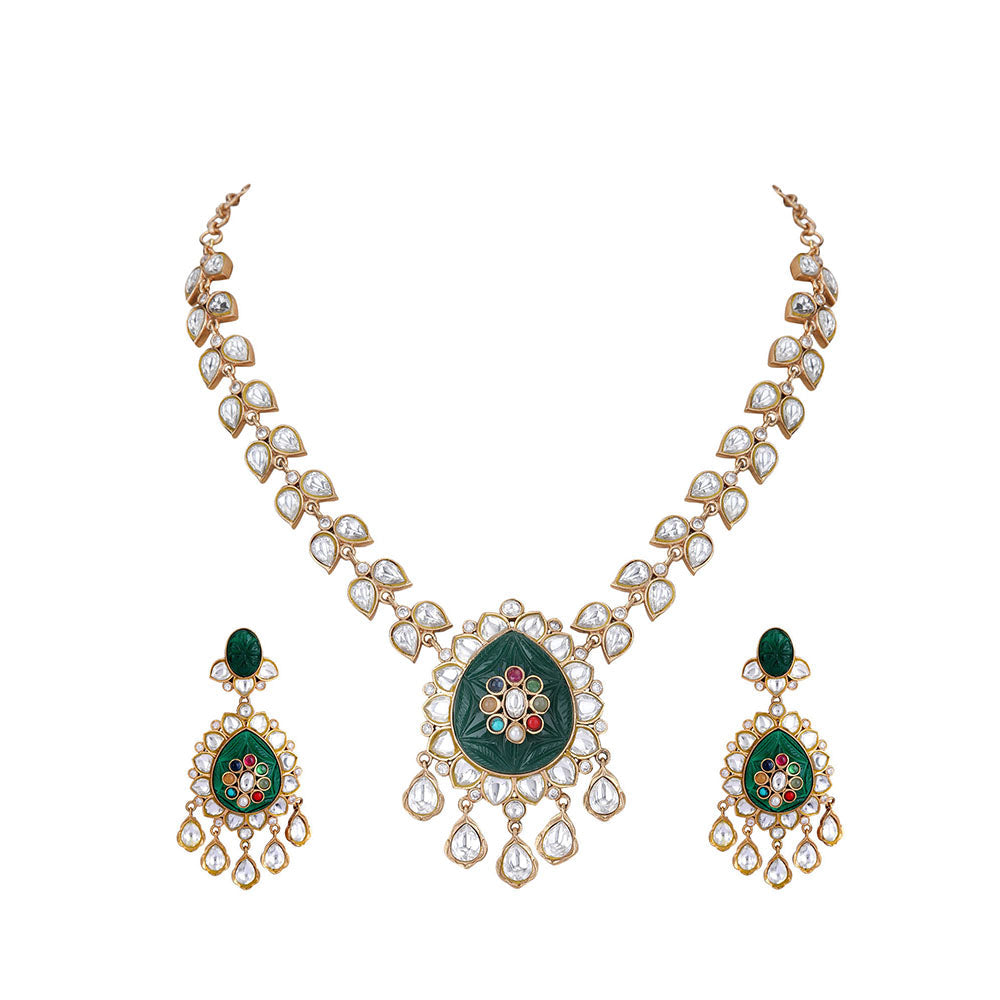 Auraa Trends 22KT Gold Plated Kundan Classic Red And Green Necklace Set