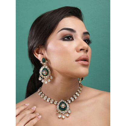 Auraa Trends 22KT Gold Plated Kundan Classic Red And Green Necklace Set