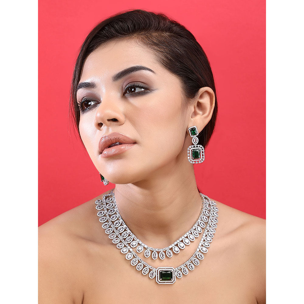 Auraa Trends Rhodium Plated American Diamond Zircon Green Necklace Set