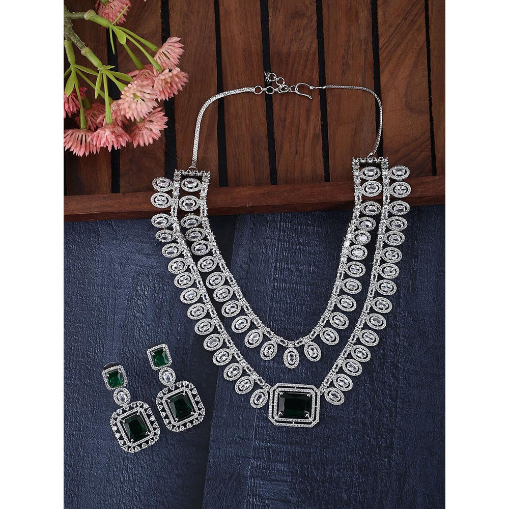Auraa Trends Rhodium Plated American Diamond Zircon Green Necklace Set