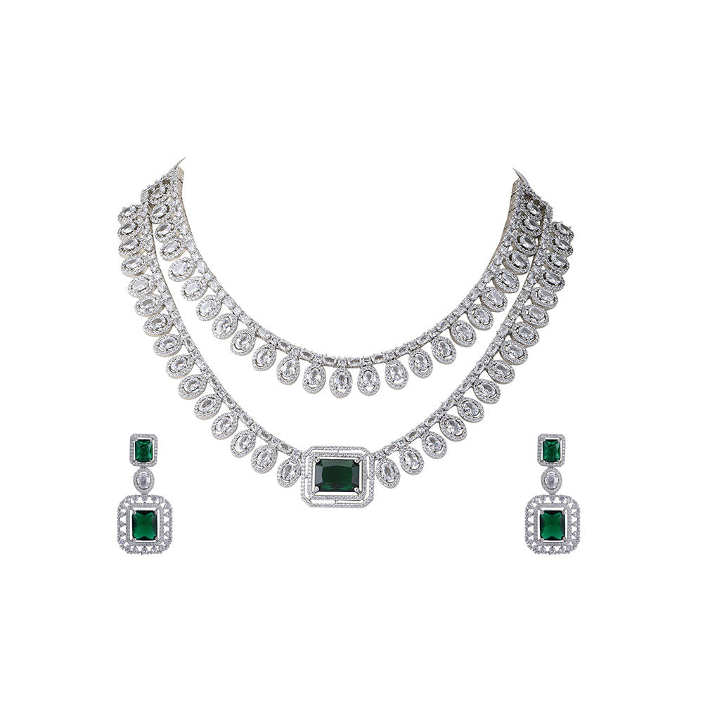 Auraa Trends Rhodium Plated American Diamond Zircon Green Necklace Set