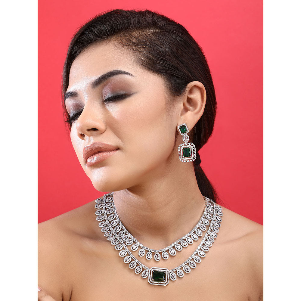 Auraa Trends Rhodium Plated American Diamond Zircon Green Necklace Set