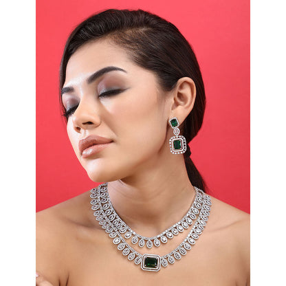Auraa Trends Rhodium Plated American Diamond Zircon Green Necklace Set