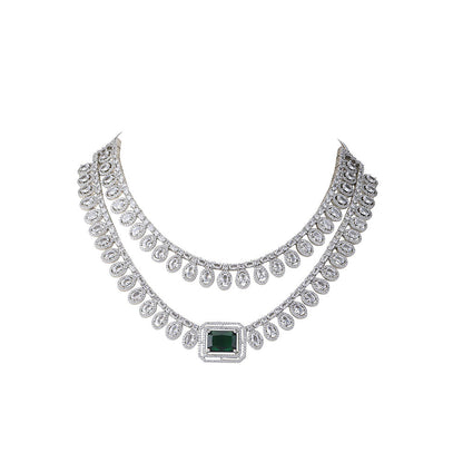Auraa Trends Rhodium Plated American Diamond Zircon Green Necklace Set