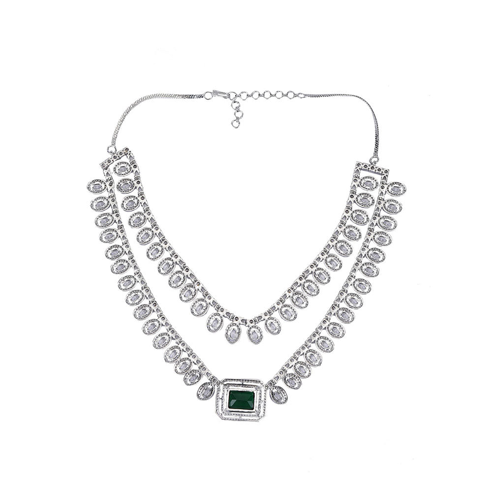 Auraa Trends Rhodium Plated American Diamond Zircon Green Necklace Set