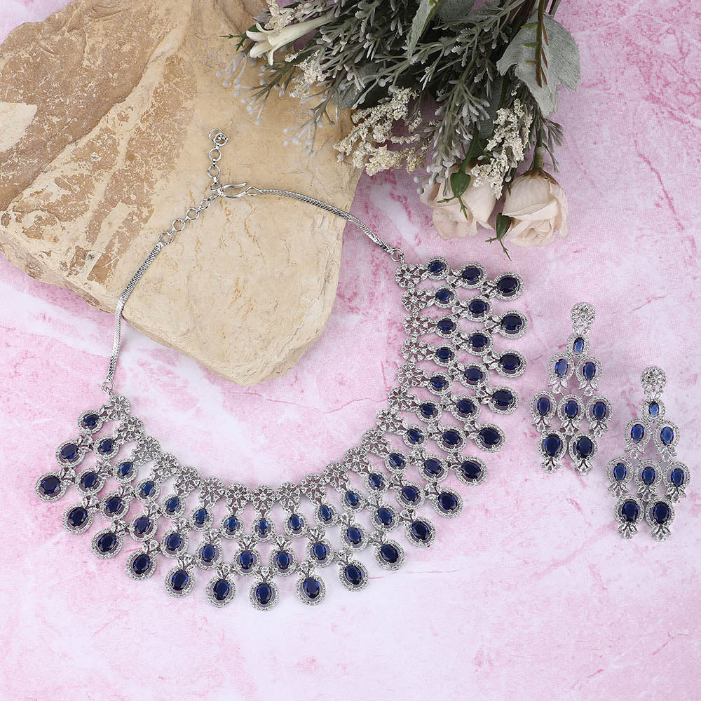 Auraa Trends Rhodium Plated American Diamond Zircon Blue Necklace Set