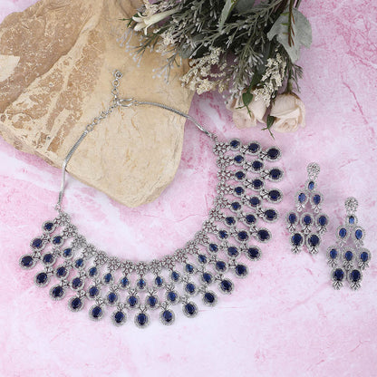 Auraa Trends Rhodium Plated American Diamond Zircon Blue Necklace Set