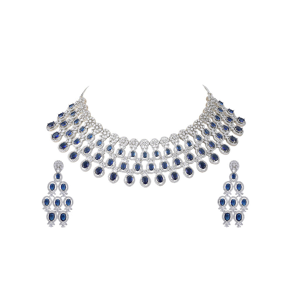 Auraa Trends Rhodium Plated American Diamond Zircon Blue Necklace Set