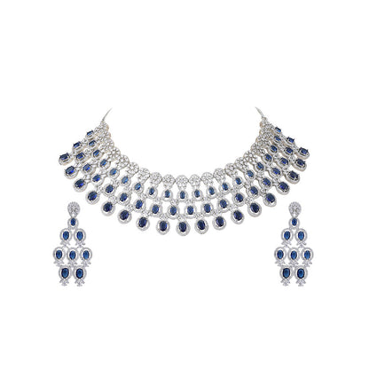 Auraa Trends Rhodium Plated American Diamond Zircon Blue Necklace Set
