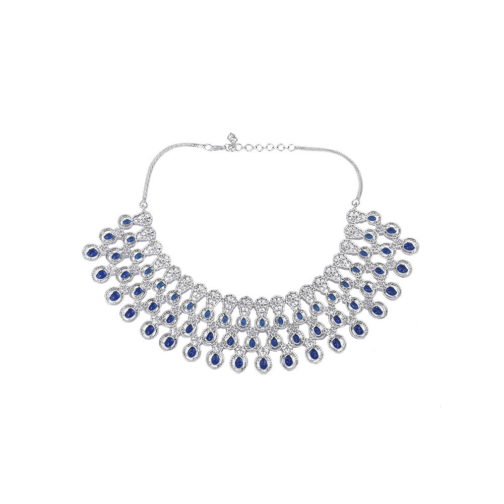 Auraa Trends Rhodium Plated American Diamond Zircon Blue Necklace Set