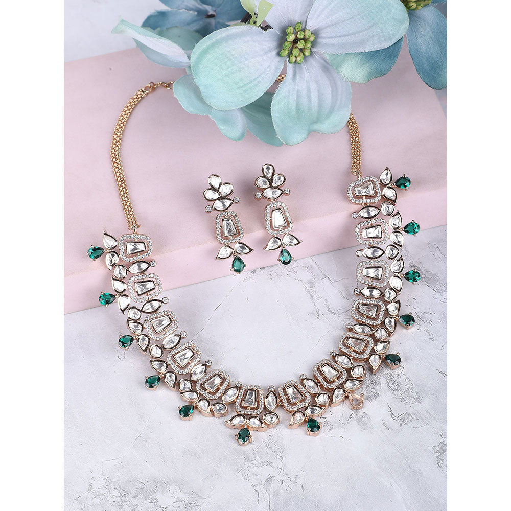 Auraa Trends Rhodium Plated American Diamond Zircon Green Necklace Set For Women & Girls