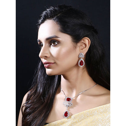 Auraa Trends Rhodium Plated American Diamond Zircon Red Necklace Set For Women & Girls