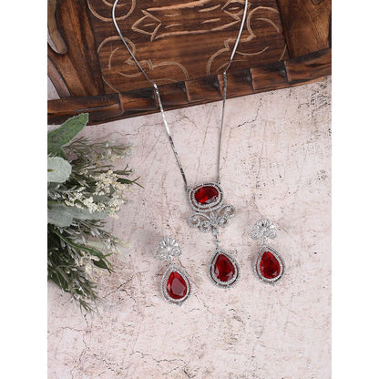 Auraa Trends Rhodium Plated American Diamond Zircon Red Necklace Set For Women & Girls