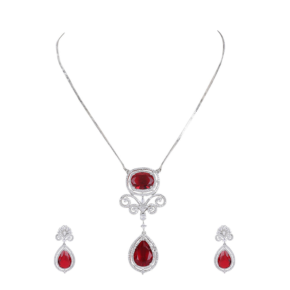 Auraa Trends Rhodium Plated American Diamond Zircon Red Necklace Set For Women & Girls
