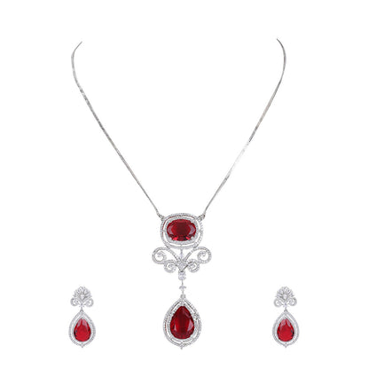 Auraa Trends Rhodium Plated American Diamond Zircon Red Necklace Set For Women & Girls
