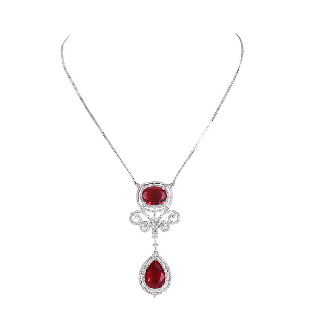 Auraa Trends Rhodium Plated American Diamond Zircon Red Necklace Set For Women & Girls