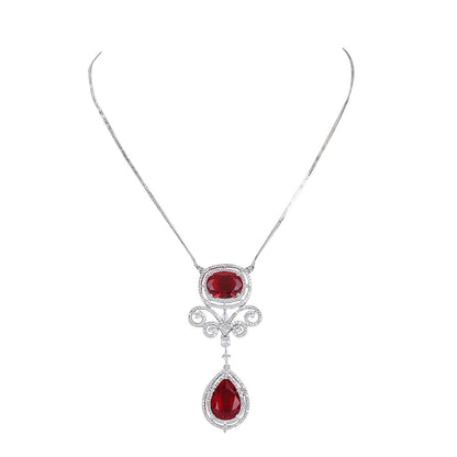 Auraa Trends Rhodium Plated American Diamond Zircon Red Necklace Set For Women & Girls