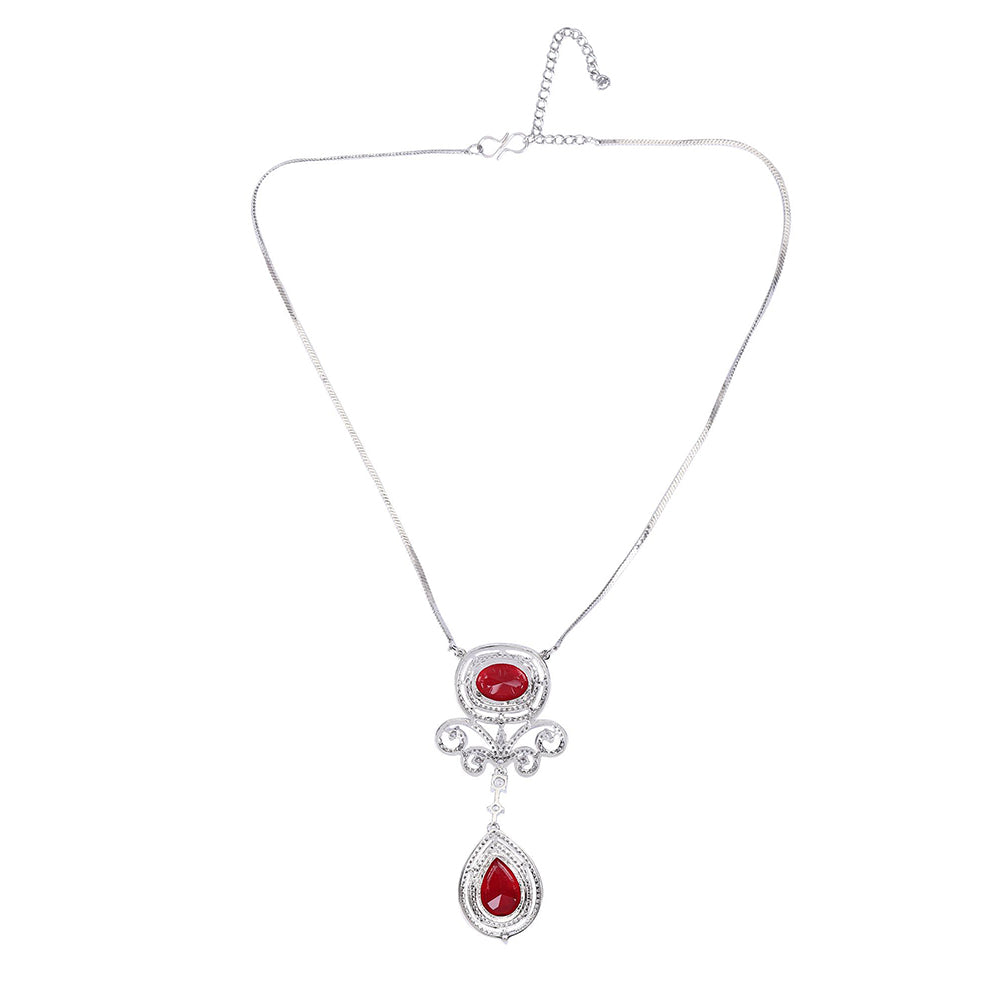 Auraa Trends Rhodium Plated American Diamond Zircon Red Necklace Set For Women & Girls
