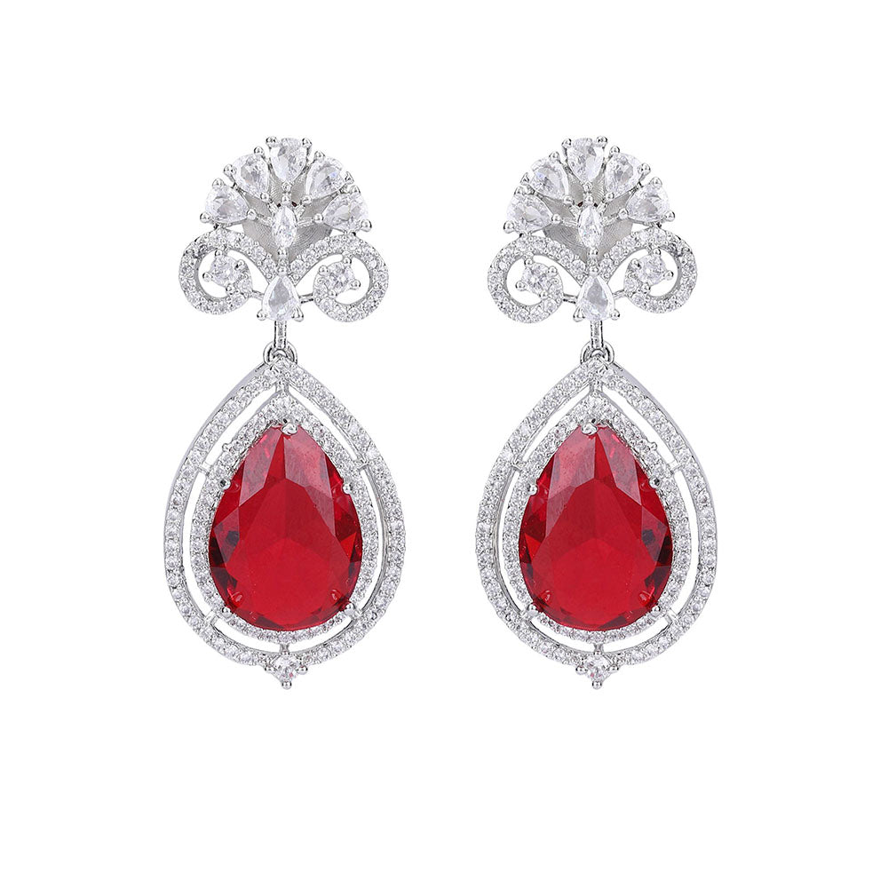 Auraa Trends Rhodium Plated American Diamond Zircon Red Necklace Set For Women & Girls