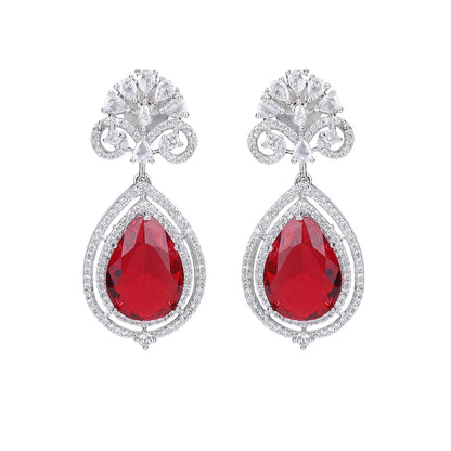 Auraa Trends Rhodium Plated American Diamond Zircon Red Necklace Set For Women & Girls