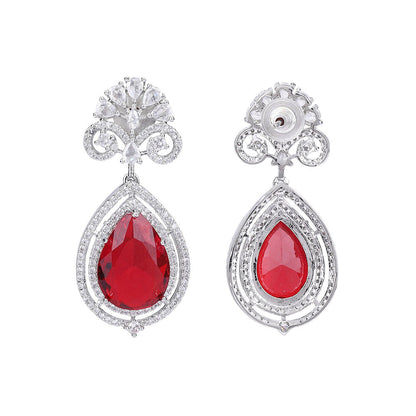Auraa Trends Rhodium Plated American Diamond Zircon Red Necklace Set For Women & Girls