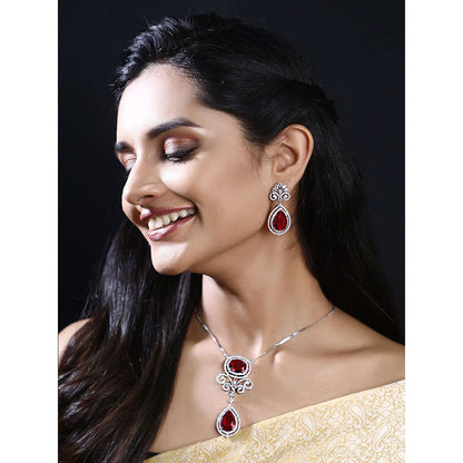Auraa Trends Rhodium Plated American Diamond Zircon Red Necklace Set For Women & Girls