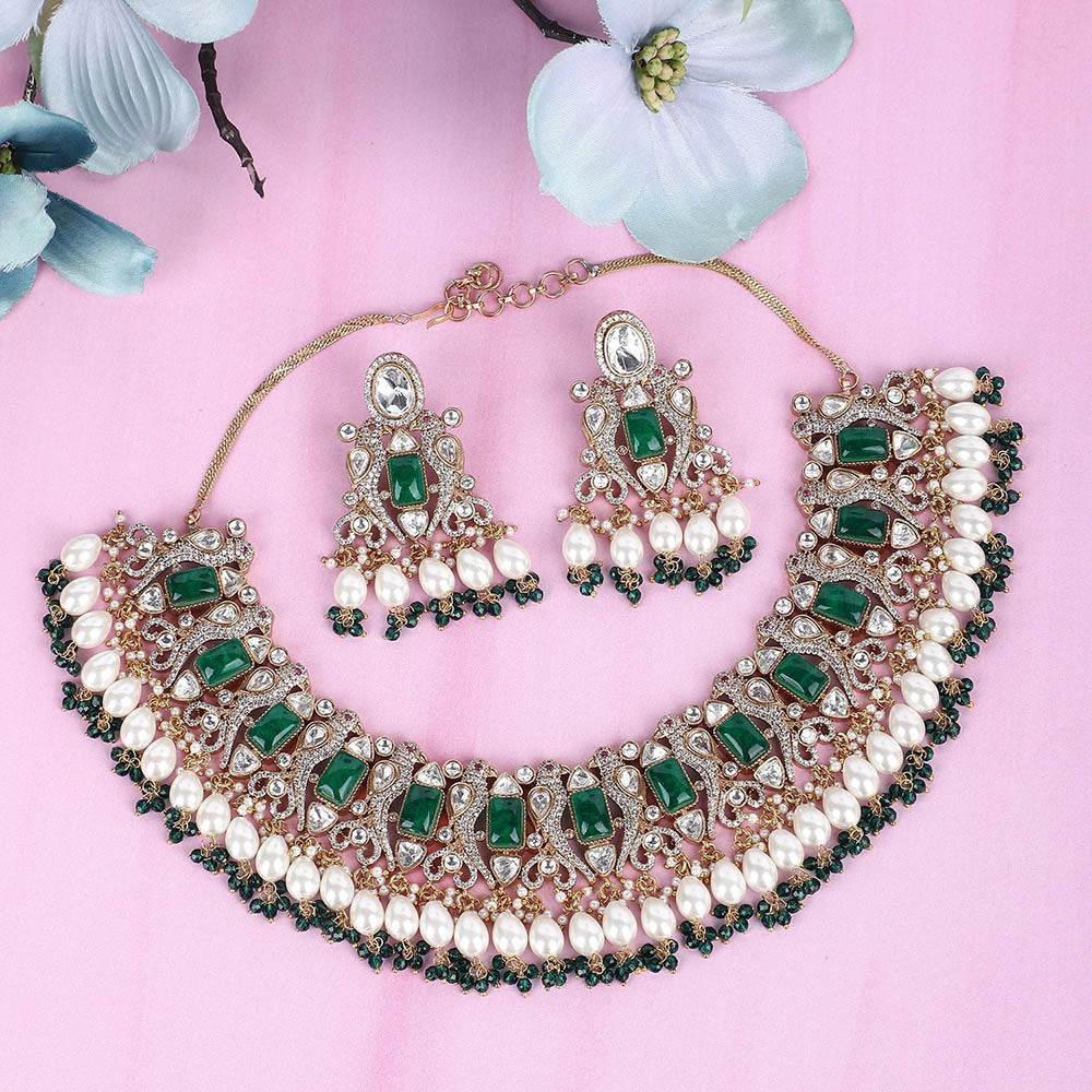 Auraa Trends 22Kt Gold Plated Kundan Classic Green Necklace Set For Women & Girls