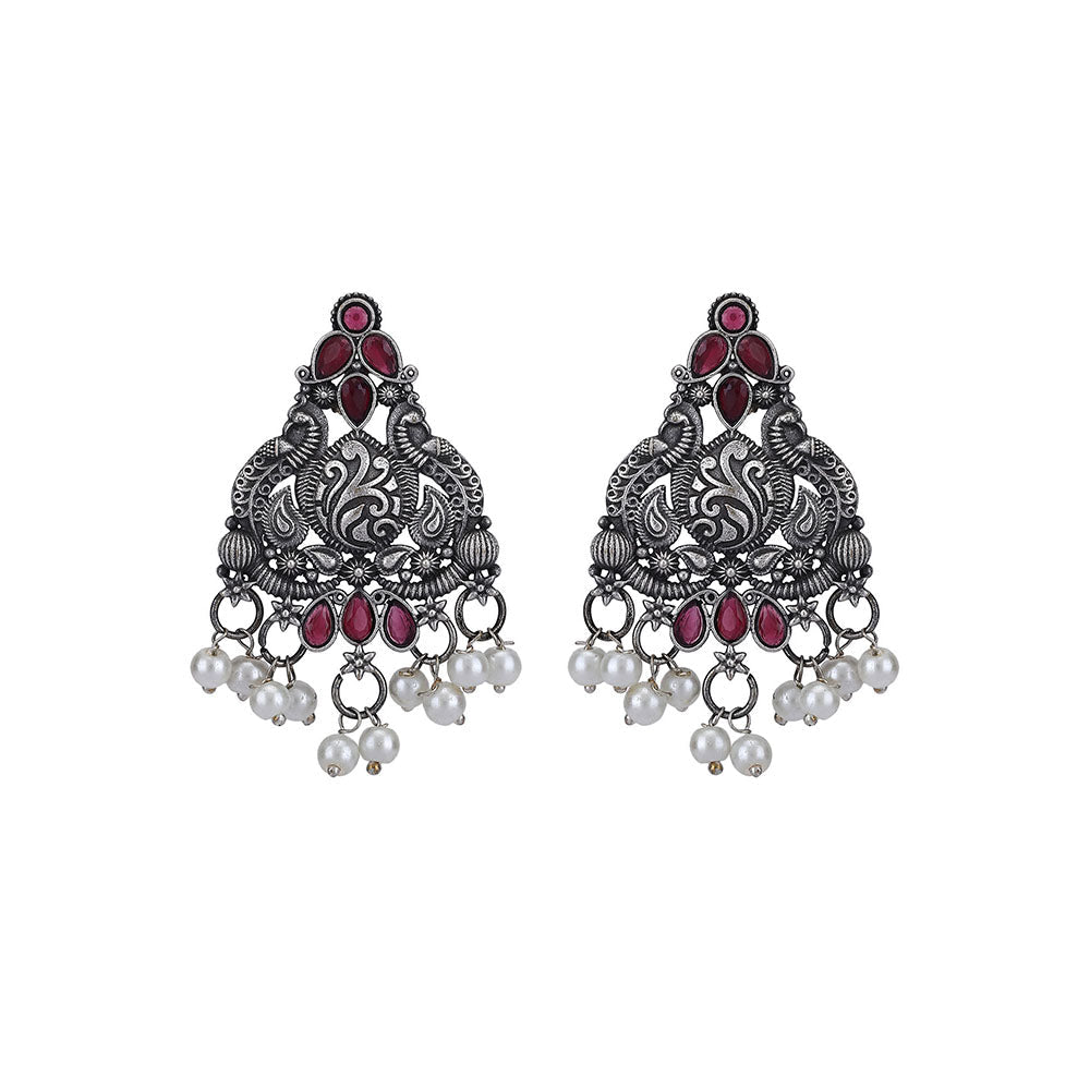 Auraa Trends Classic Oxidised Red and Pearls Drop Earrings For women