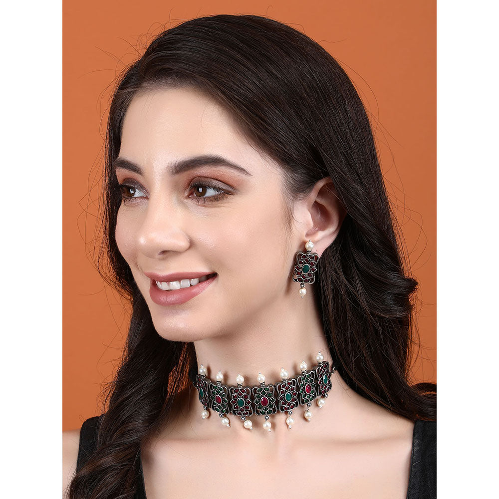 Auraa Trends Elegant Oxidised Multi-Color Pearls Choker Set For women