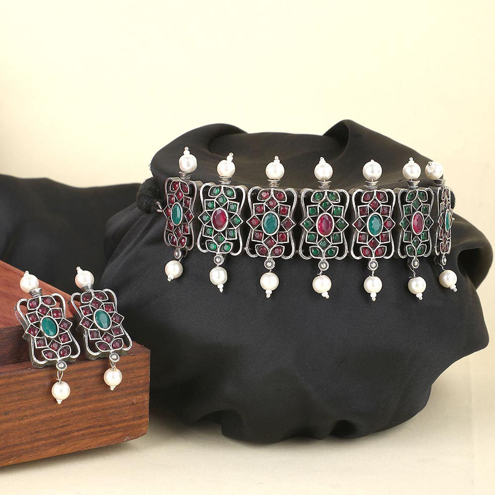 Auraa Trends Elegant Oxidised Multi-Color Pearls Choker Set For women
