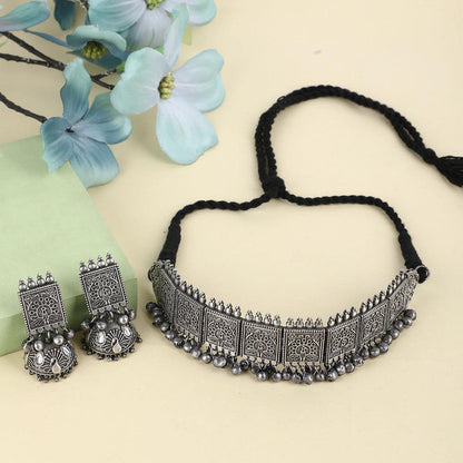 Auraa Trends Classic Oxidised Grey Choker Necklace Set For women