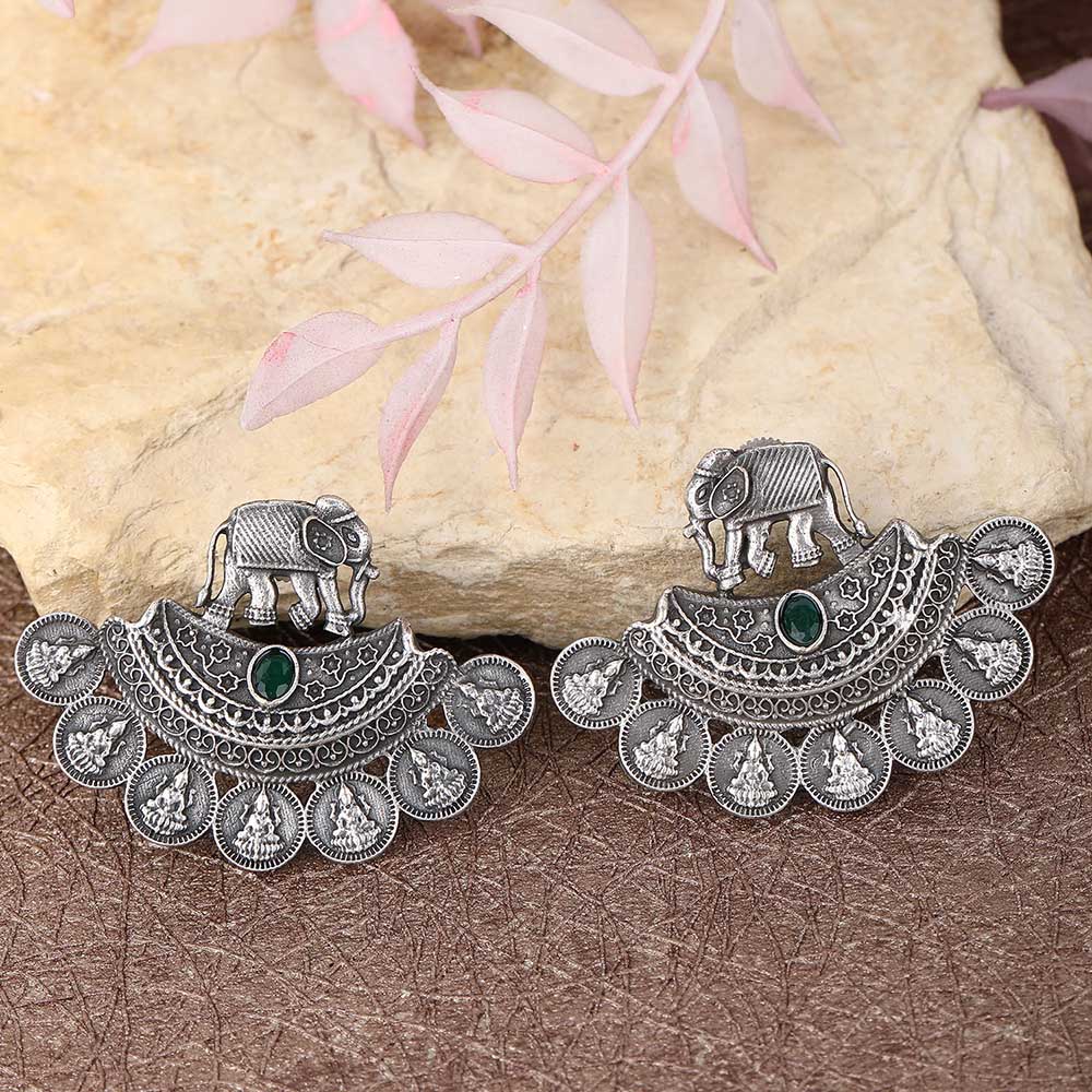 Auraa Trends Classic Oxidised Green Stone Earrings For women