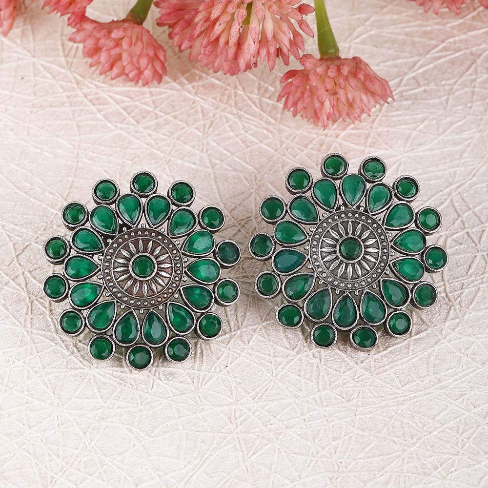 Auraa Trends Classic Oxidised Green Big Stud Earrings For women