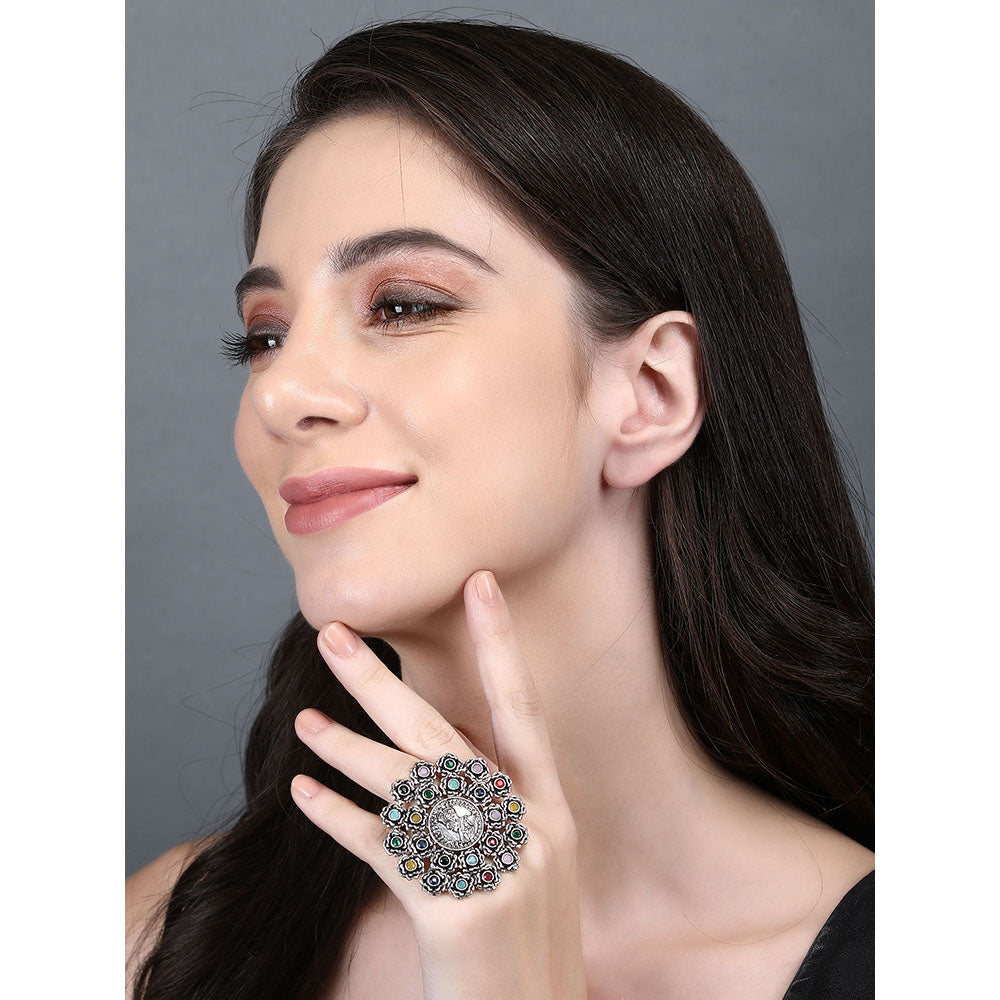 Auraa Trends Classic Oxidised Navratna Ring For women