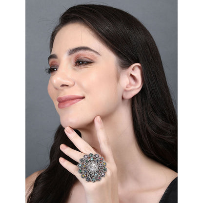 Auraa Trends Classic Oxidised Navratna Ring For women