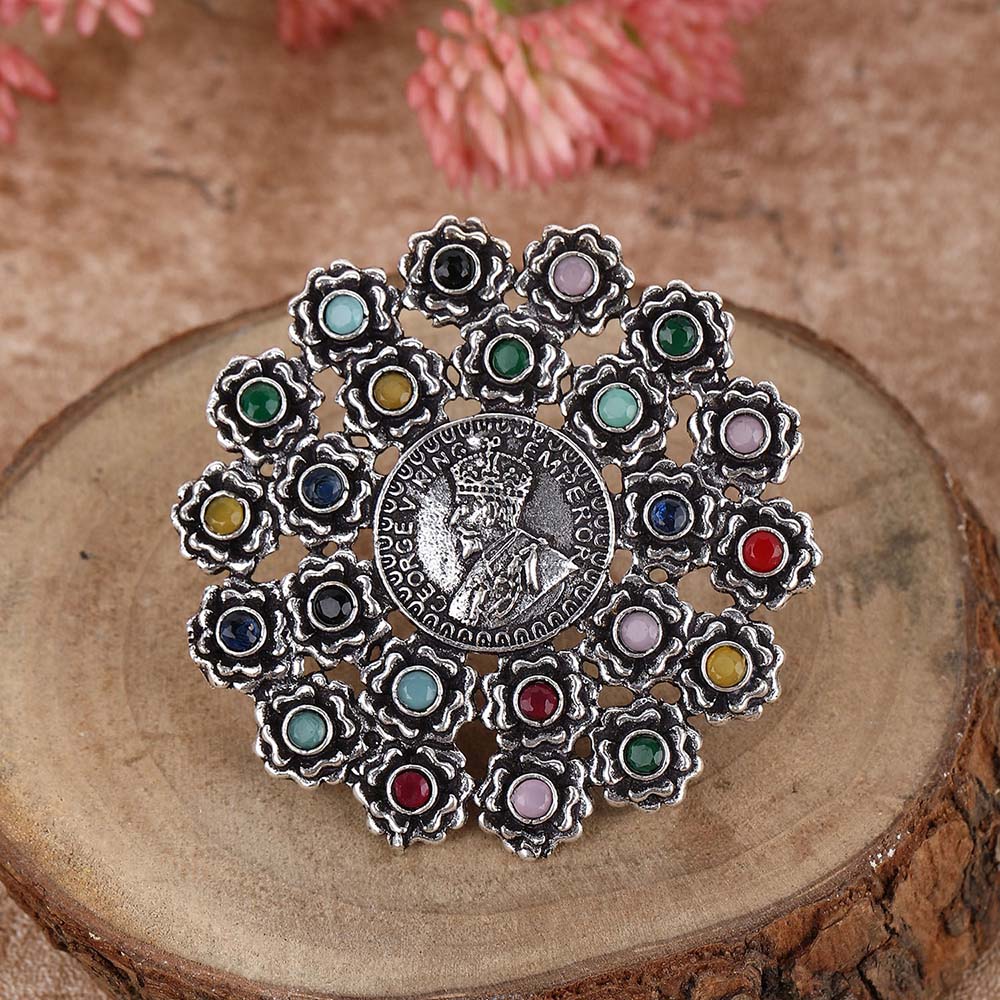 Auraa Trends Classic Oxidised Navratna Ring For women