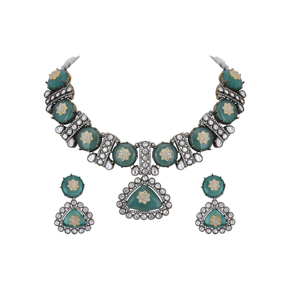 Auraa Trends 22KT Gold Plated Classic Kundan Green Necklace Set for women