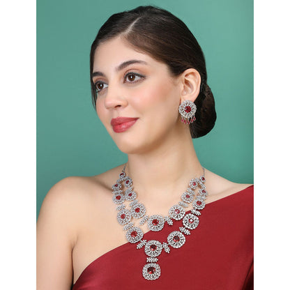 Auraa Trends Rhodium Plated American Diamond Zircon Red Necklace Set for women