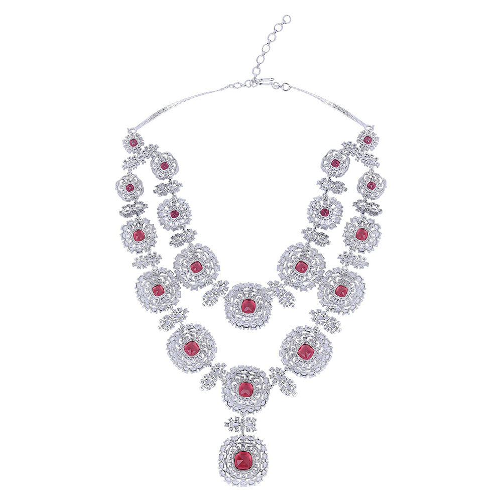 Auraa Trends Rhodium Plated American Diamond Zircon Red Necklace Set for women
