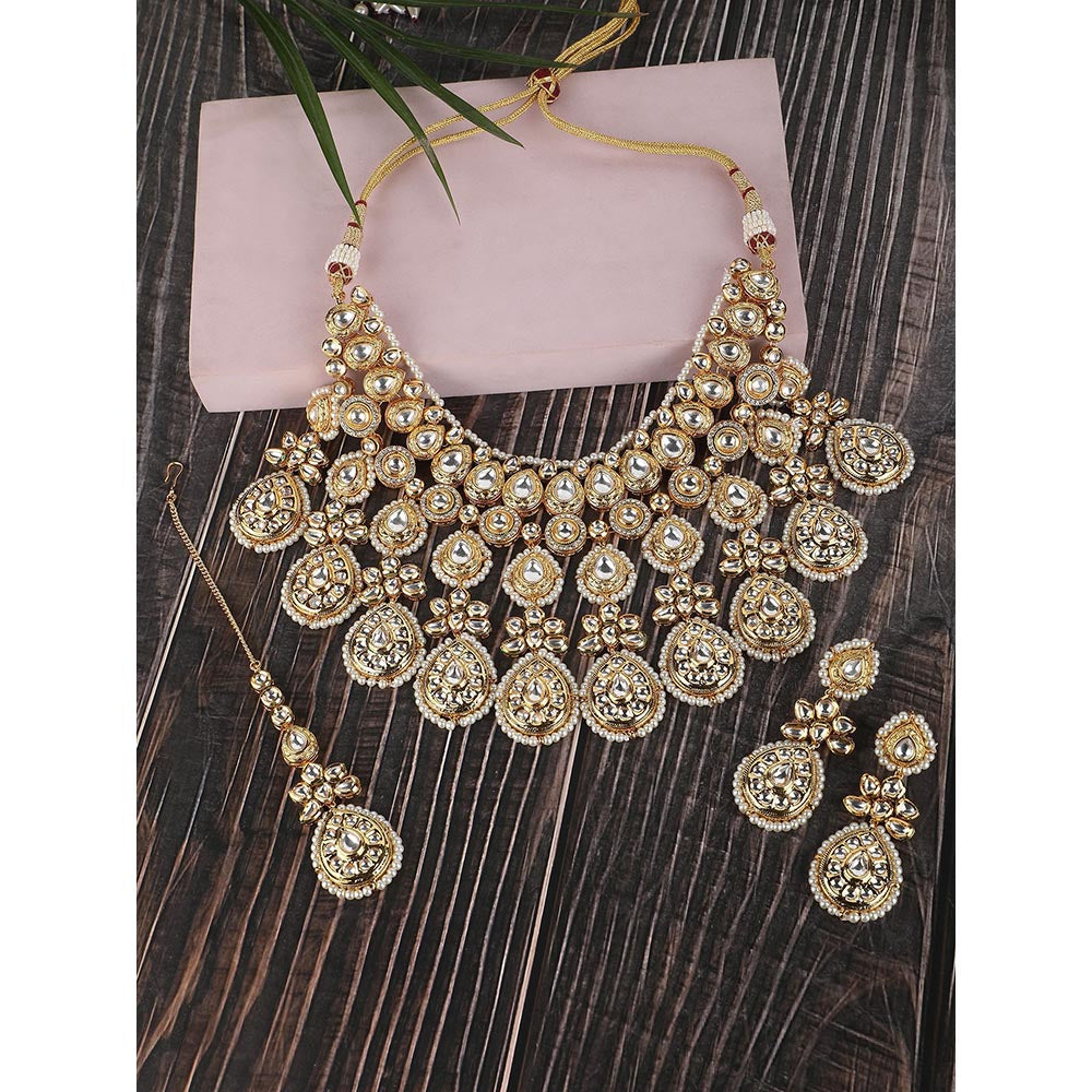 Auraa Trends 22KT Gold Plated Kundan Classic White Stone Necklace Set for women