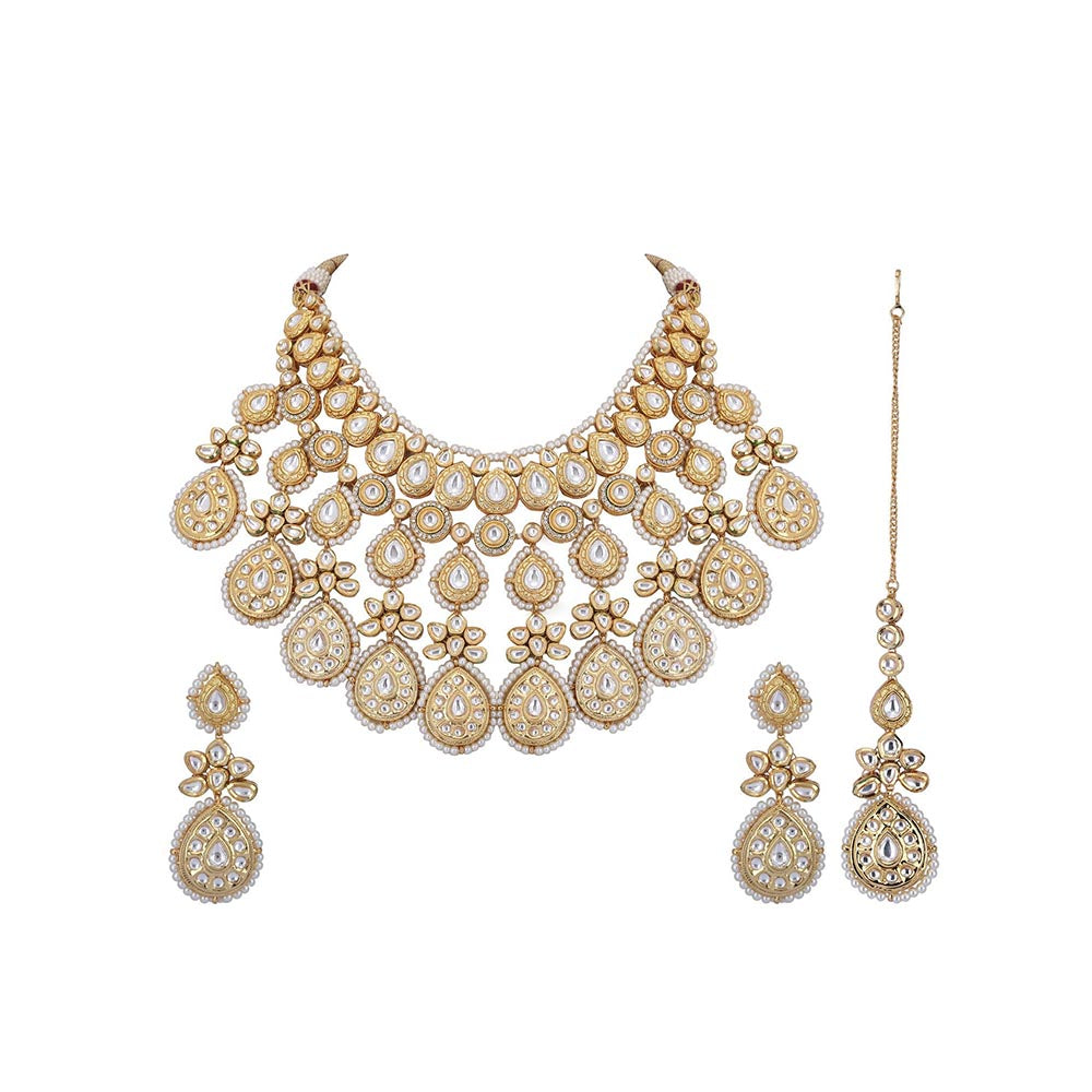 Auraa Trends 22KT Gold Plated Kundan Classic White Stone Necklace Set for women