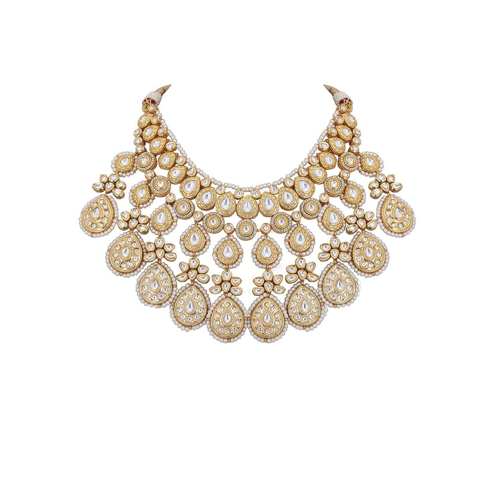 Auraa Trends 22KT Gold Plated Kundan Classic White Stone Necklace Set for women